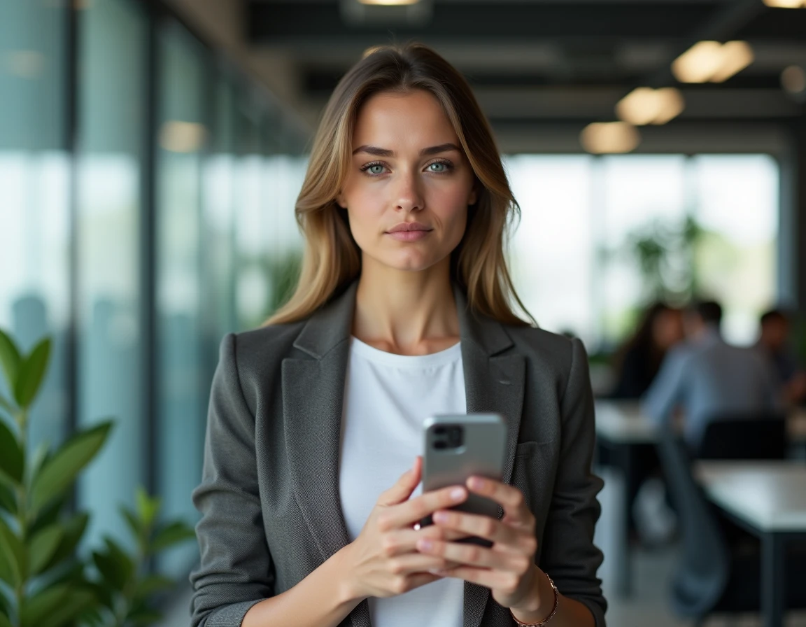 Femme influenceuse consultant son smartphone dans un espace de co-working moderne, symbolisant la gestion de crise face aux fuites de contenu num&eacute;rique