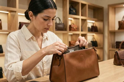 Femme inspectant les coutures intérieures d'un sac en cuir de qualité dans une boutique de maroquinerie