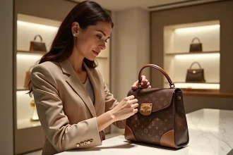 Femme inspectant les coutures et la quincaillerie d'un sac à main monogramme pour détecter une contrefaçon Vuitton