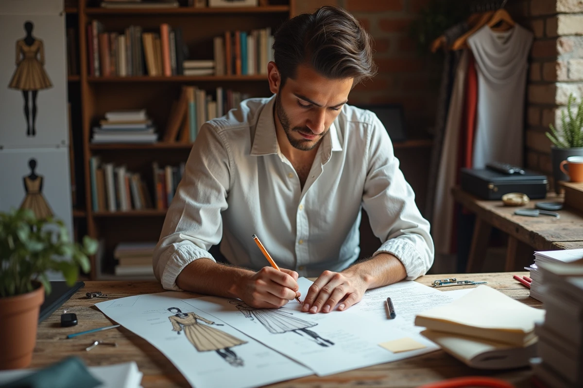 Jeune homme dessinant des créations de mode sur un bureau créatif