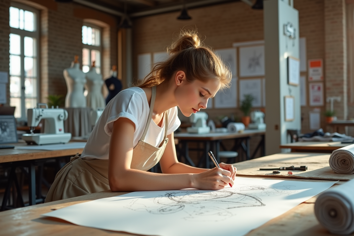 Jeune créatrice de mode dessinant des patrons dans son atelier lumineux