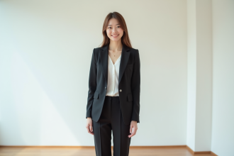 Jeune femme en costume d'affaires confiante en studio