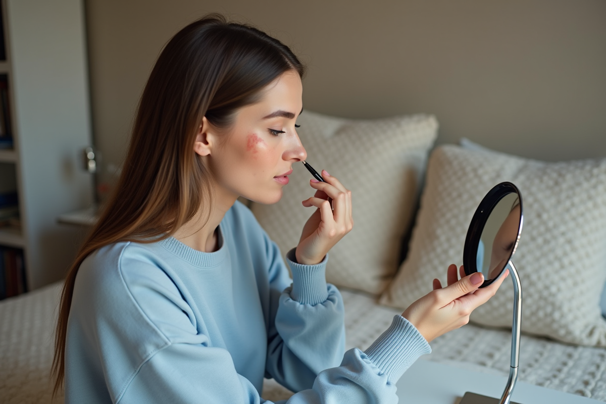 Jeune femme appliquant du concealer sur une rougeur visage