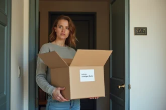 Jeune femme examine un colis dans un couloir moderne