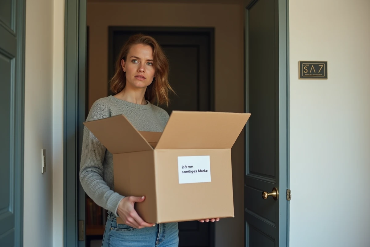 Jeune femme examine un colis dans un couloir moderne