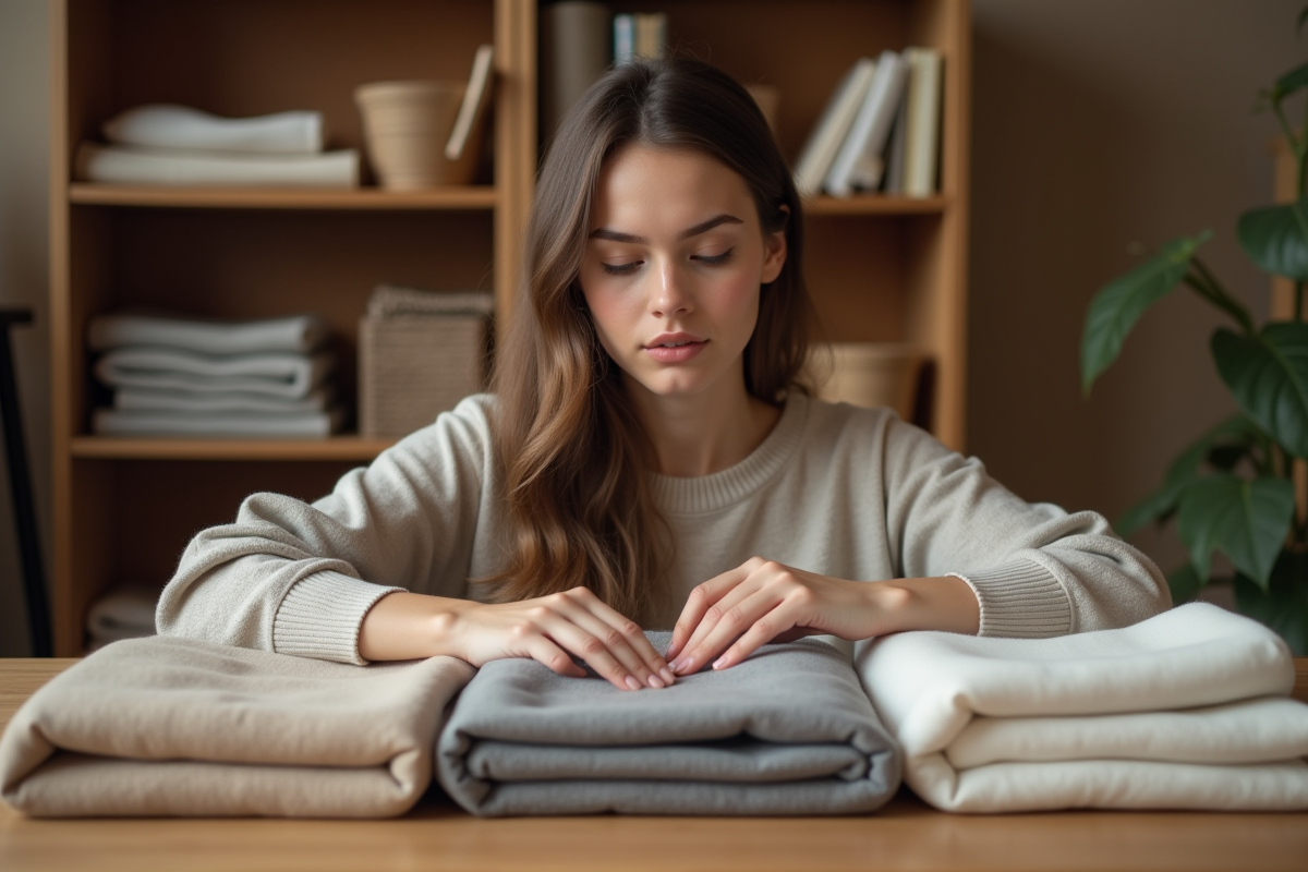 Jeune femme examine des échantillons de tissus naturels