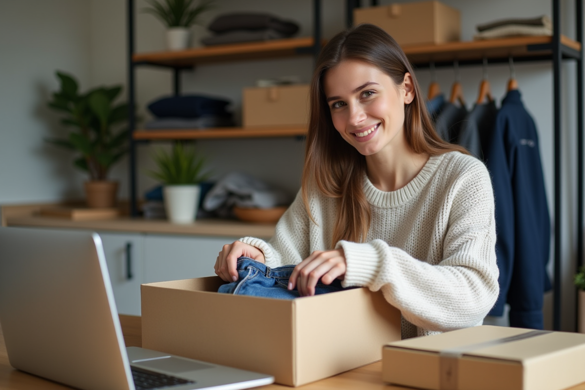 Jeune femme emballant une veste dans une box de livraison