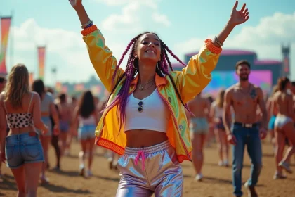 Jeune femme dansant lors d'un festival avec vêtements colorés