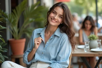 Jeune femme en blouse en lin et pantalon coton détendu