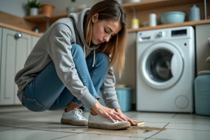 Jeune femme nettoyant des baskets blanches &agrave; la main dans une buanderie