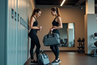 Jeune femme regardant deux sacs de sport BasicFit dans une salle de gym moderne