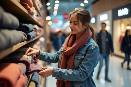 Jeune femme en magasin de v&ecirc;tements hiver avec sourire
