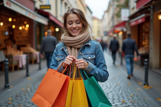 Jeune femme souriante avec sacs de shopping en extérieur