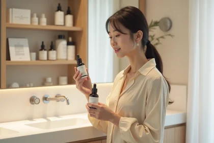 Jeune femme asiatique examine un serum Kbeauty dans une salle de bain lumineuse