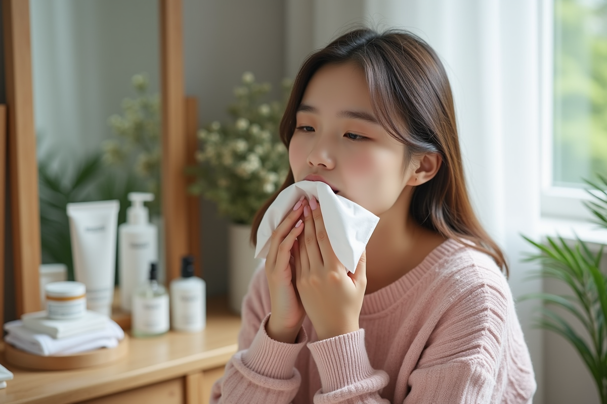 Jeune femme blotting ses lèvres avec un mouchoir