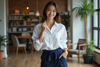 Jeune femme élégante en chemise blanche dans un appartement moderne