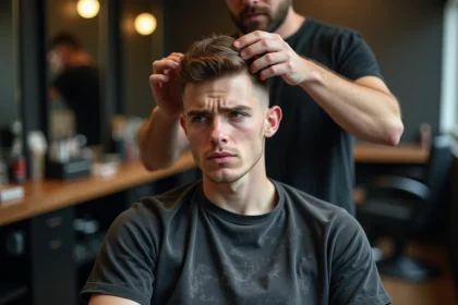 Jeune homme anxieux en salon de coiffure moderne