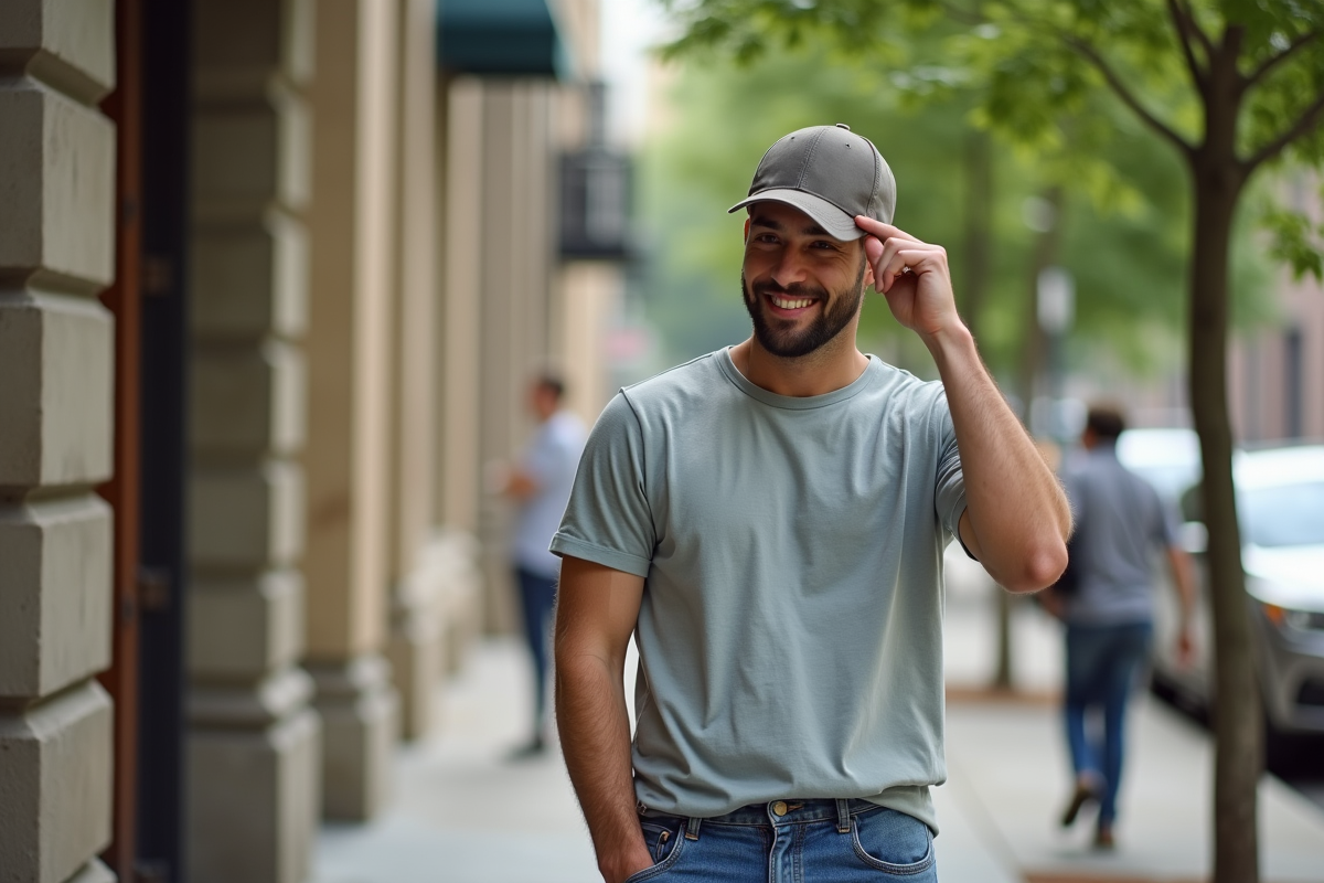 Jeune homme souriant ajustant un baseball cap en ville