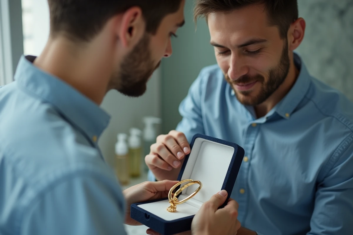 Jeune homme rangeant un bracelet en or dans une boîte en velours