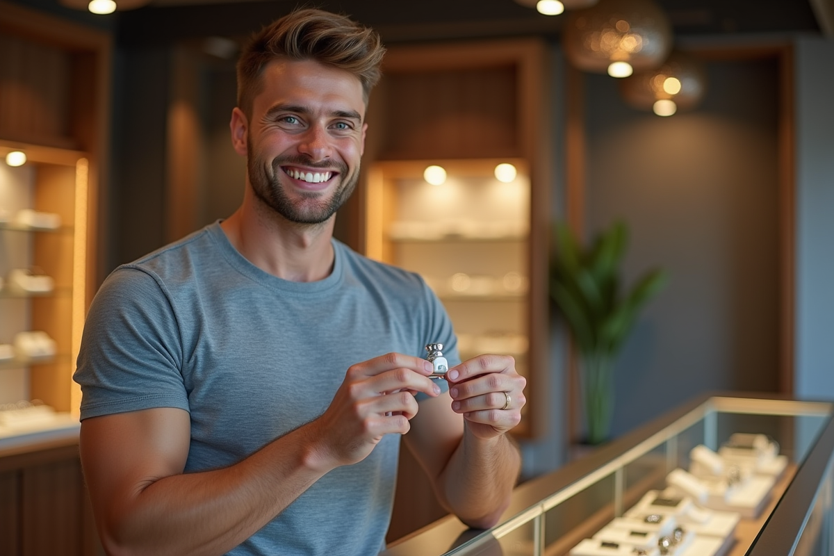 Jeune homme souriant avec un anneau dans une bijouterie