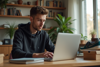 Jeune homme regardant des sneakers sur son ordinateur