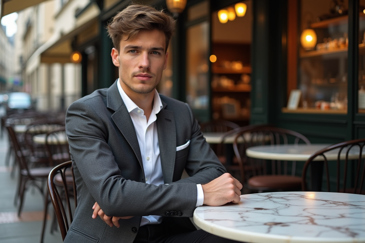 Jeune homme en costume dans un café parisien