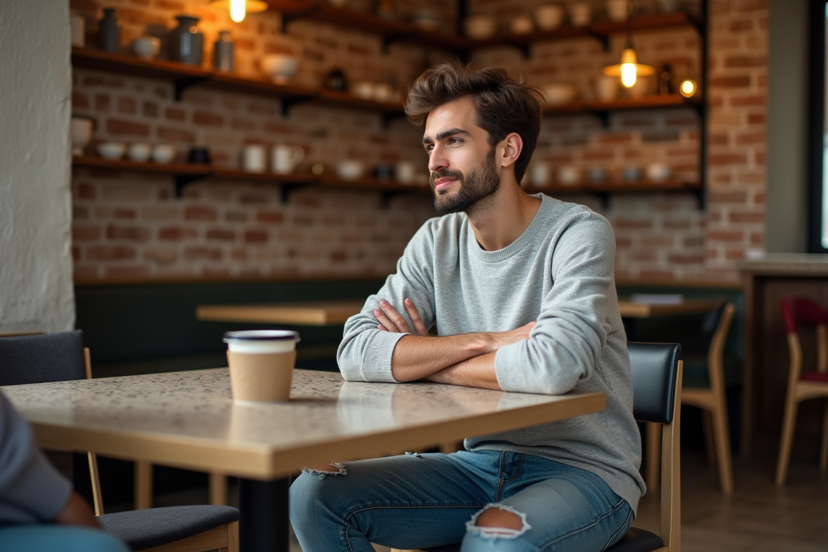 Jeune homme en jeans déchirés au café
