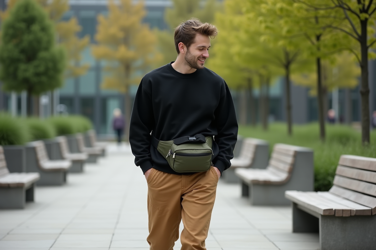 Jeune homme décontracté marchant dans un parc moderne