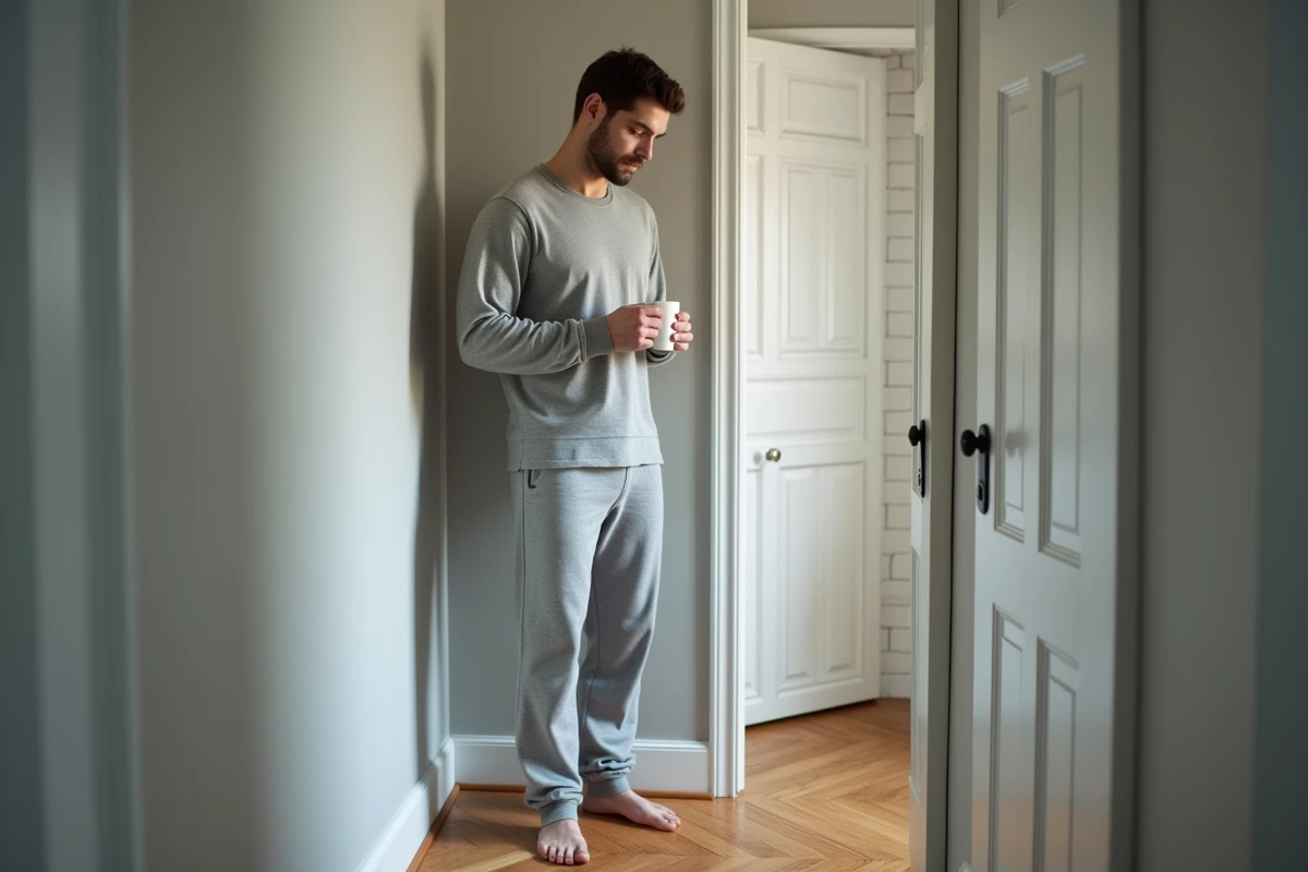 Jeune homme en pyjama pilou gris tenant une tasse dans un couloir lumineux lors d'un matin calme