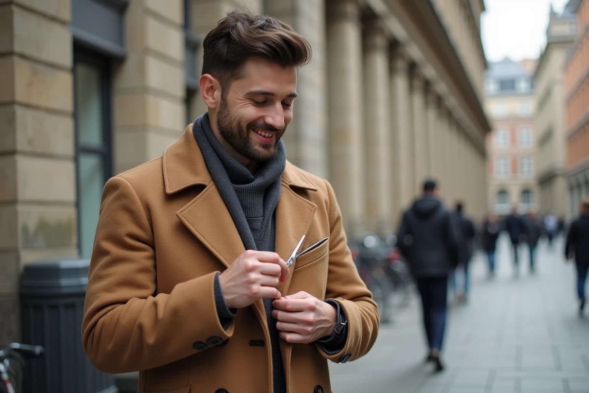 Jeune homme réparant un poche de manteau en ville