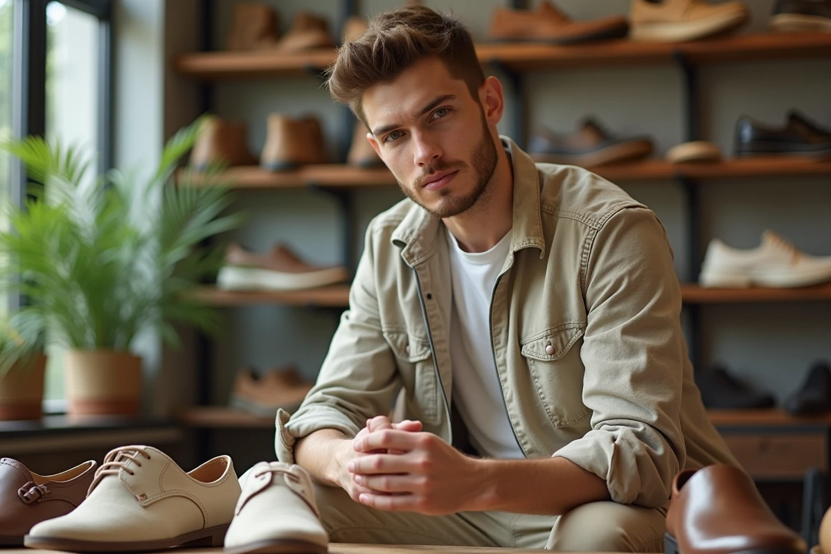 Jeune homme dans une boutique de chaussures durables en train d