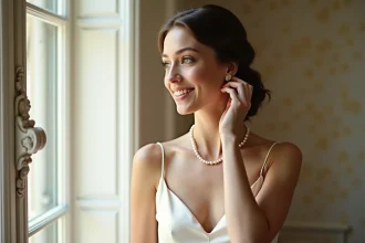 Jeune mariée en robe de soie ivoire avec perles élégantes