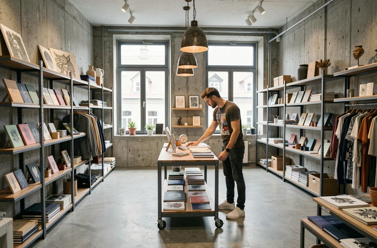 Intérieur du Générateur à Strasbourg, concept store créatif avec mobilier industriel, objets design artisanaux et client masculin qui explore les rayons