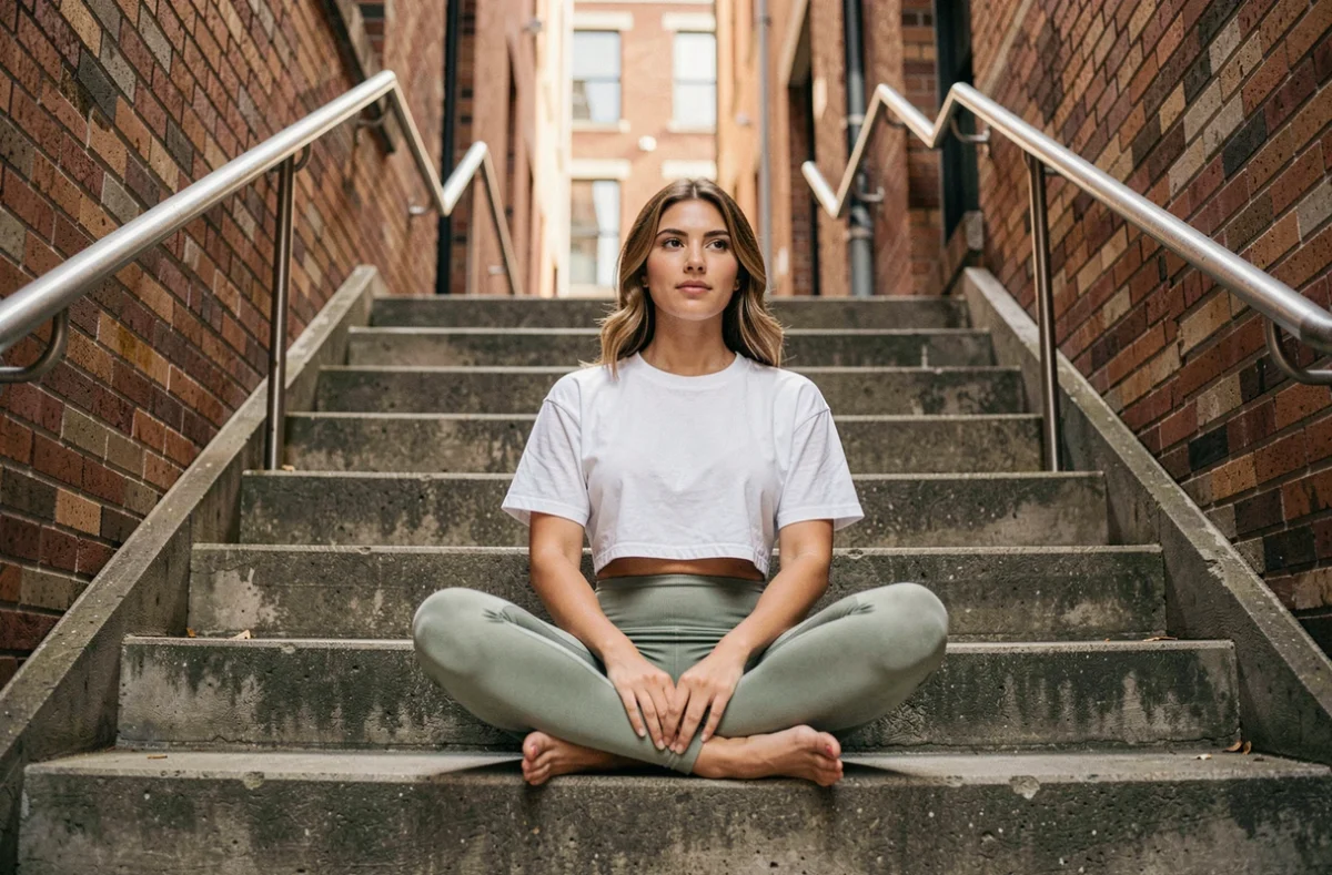 Femme assise en tenue de sport dans un cadre urbain portant un legging vert sauge Leonie And Co confortable et stylé