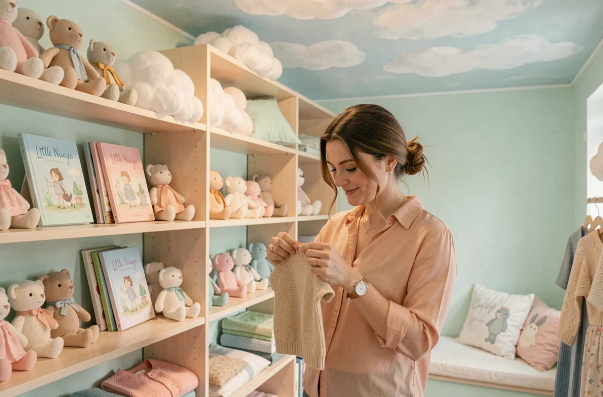 Intérieur de la boutique Little Nuage à Strasbourg avec des jouets en peluche faits main, vêtements tricotés et décorations pastel pour enfants