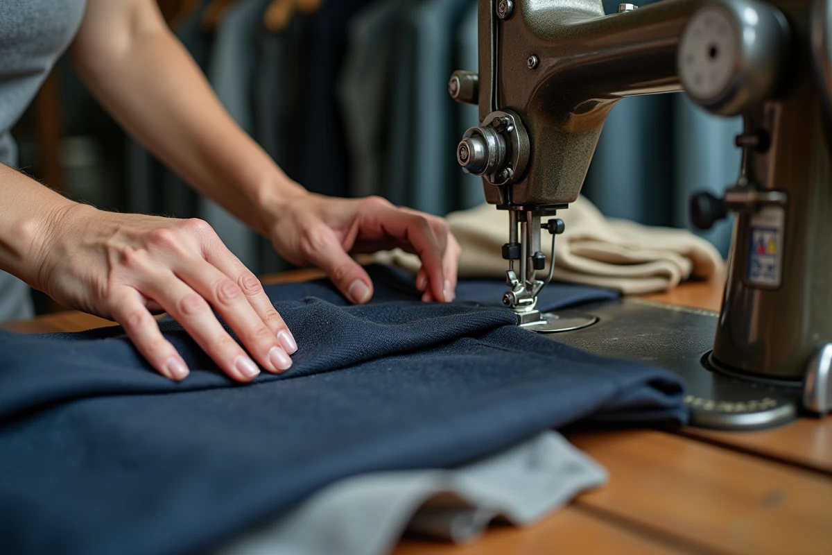 Mains expertes d'une retoucheuse guidant un pantalon sous une machine à coudre industrielle dans un atelier de retouches