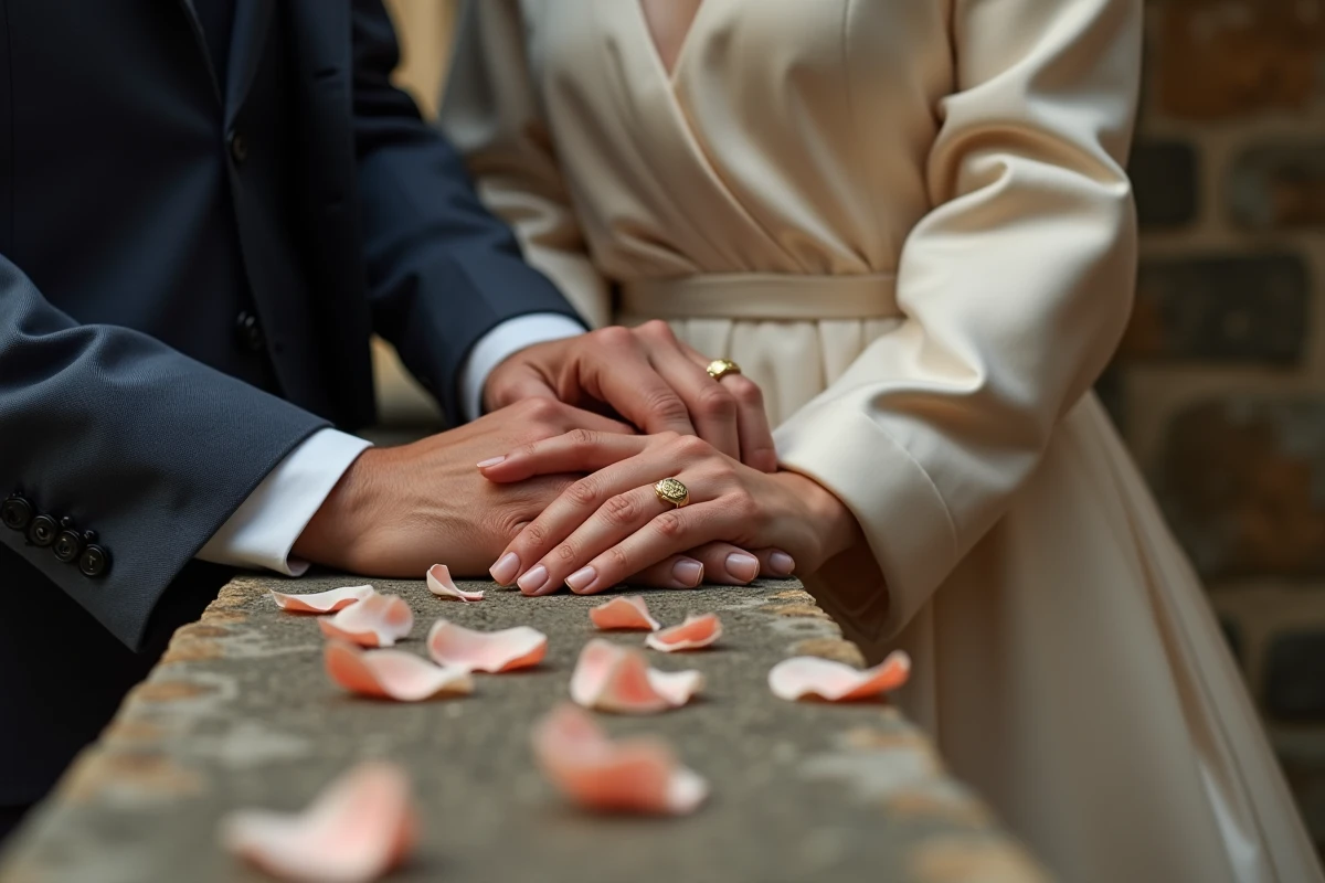 Mains de mariés portant des chevalières personnalisées assorties gravées lors d'une cérémonie de mariage