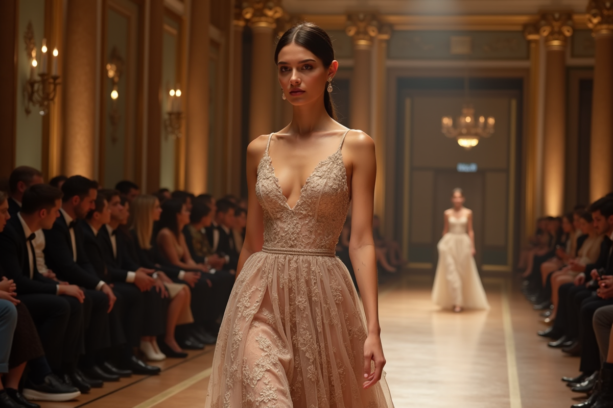 Mannequin femme en haute couture sur un podium élégant