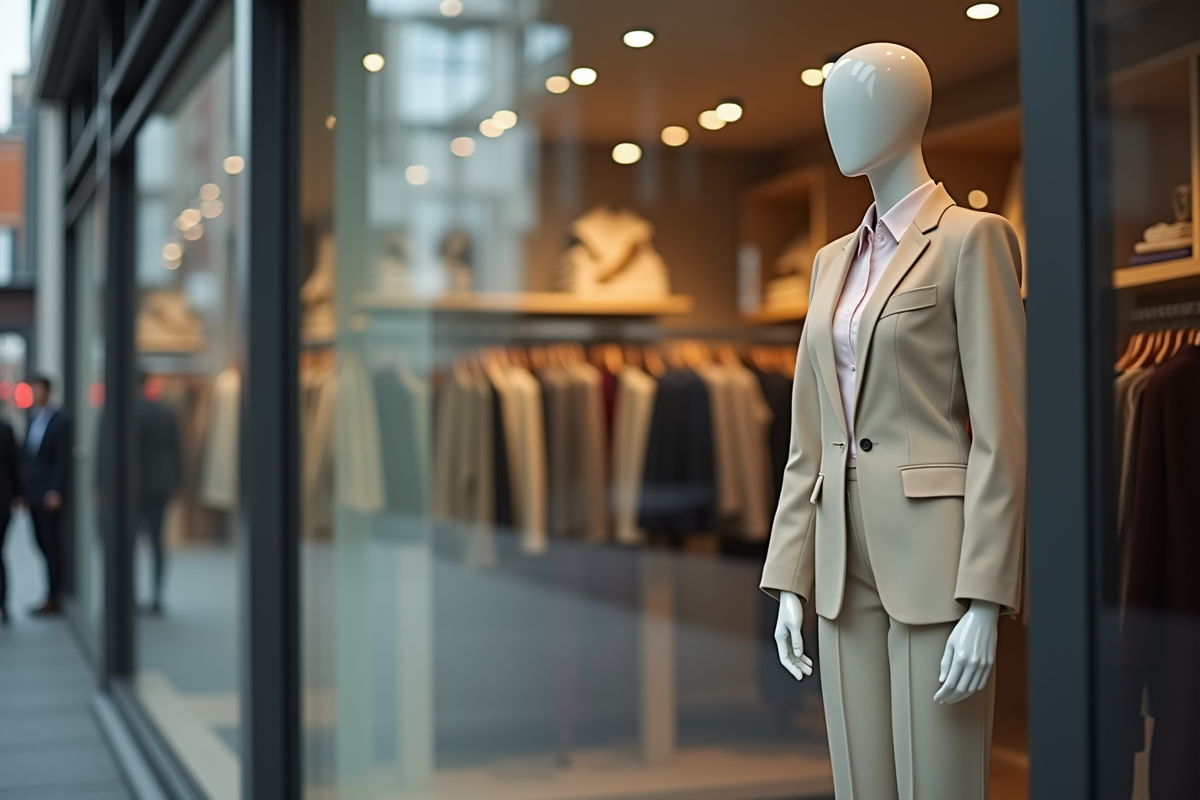 Mannequin en costume dans une vitrine de magasin