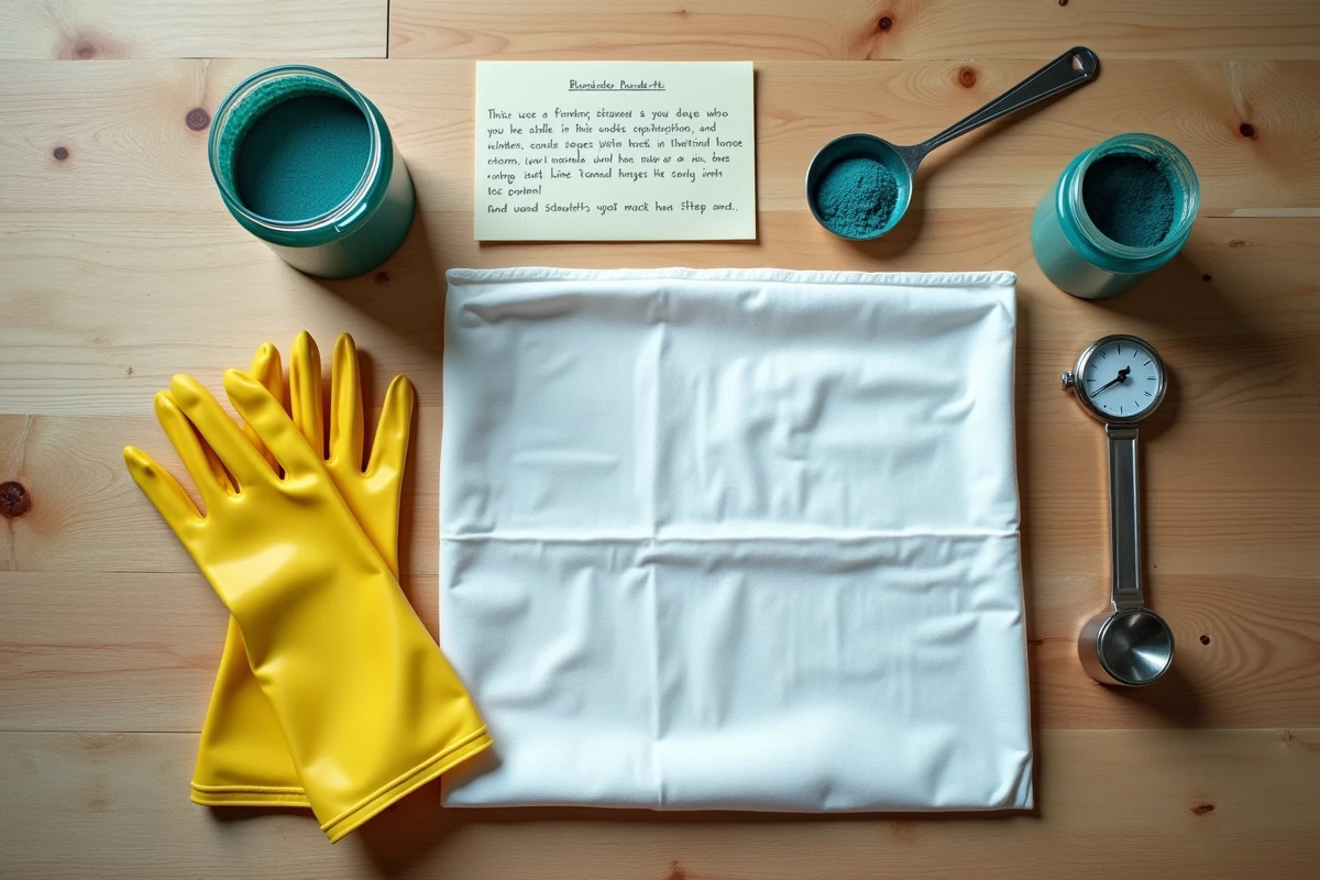 Vue de dessus des matériaux nécessaires pour teindre du polyester : teinture synthétique, gants, tissu blanc et instructions
