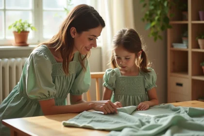 Mère et fille en tenues matchy matchy en lin vert sauge choisissant des tissus confortables ensemble à la maison