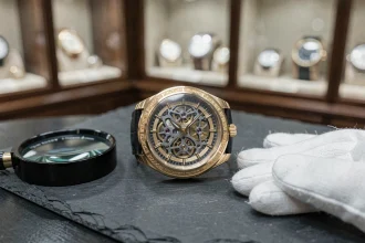 Montre mécanique de luxe avec tourbillon exposé sur ardoise noire dans une boutique horlogère haut de gamme