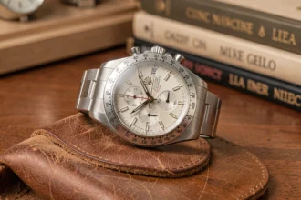 Montre Rolex Daytona posée sur un rouleau en cuir, gros plan sur le cadran et le bracelet oyster