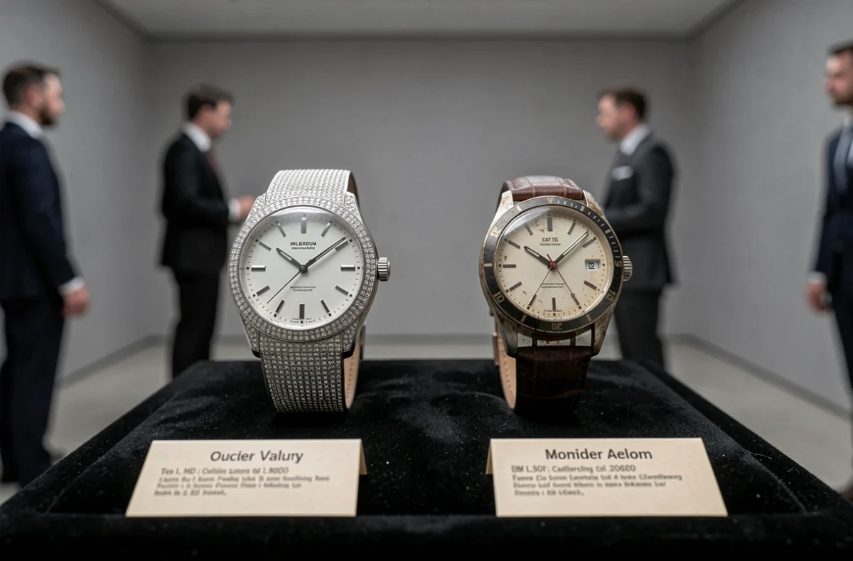 Deux montres exceptionnelles côte à côte sur velours noir lors d'une vente aux enchères illustrant la différence entre prix et rareté