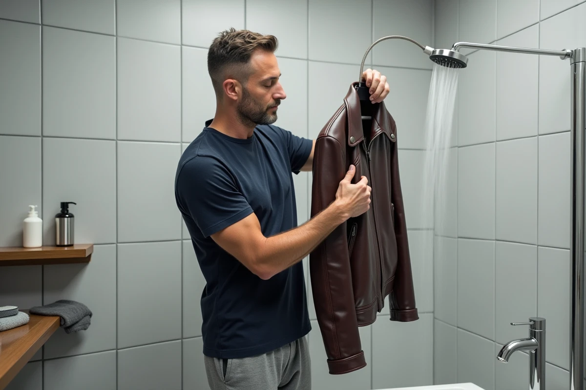 Homme rinçant un blouson en cuir marron sous l'eau dans une salle de bain minimaliste