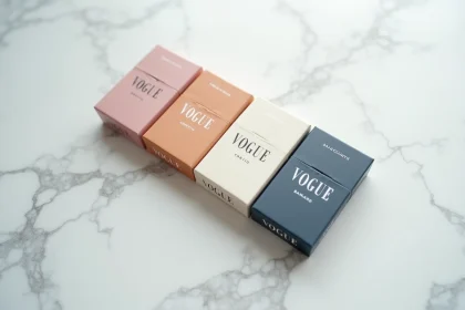 Différentes références de paquets de cigarettes Vogue avec codes couleur distincts alignés sur marbre blanc, vue de dessus éditoriale