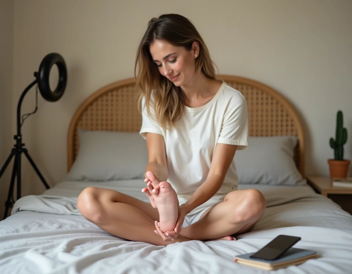 Femme photographiant ses propres pieds dans sa chambre avec un setup smartphone pour vente en ligne de contenu