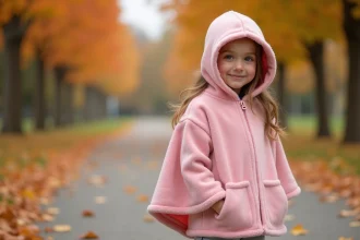Petite fille portant un poncho polaire rose à capuche dans un parc automnal avec des feuilles colorées au sol