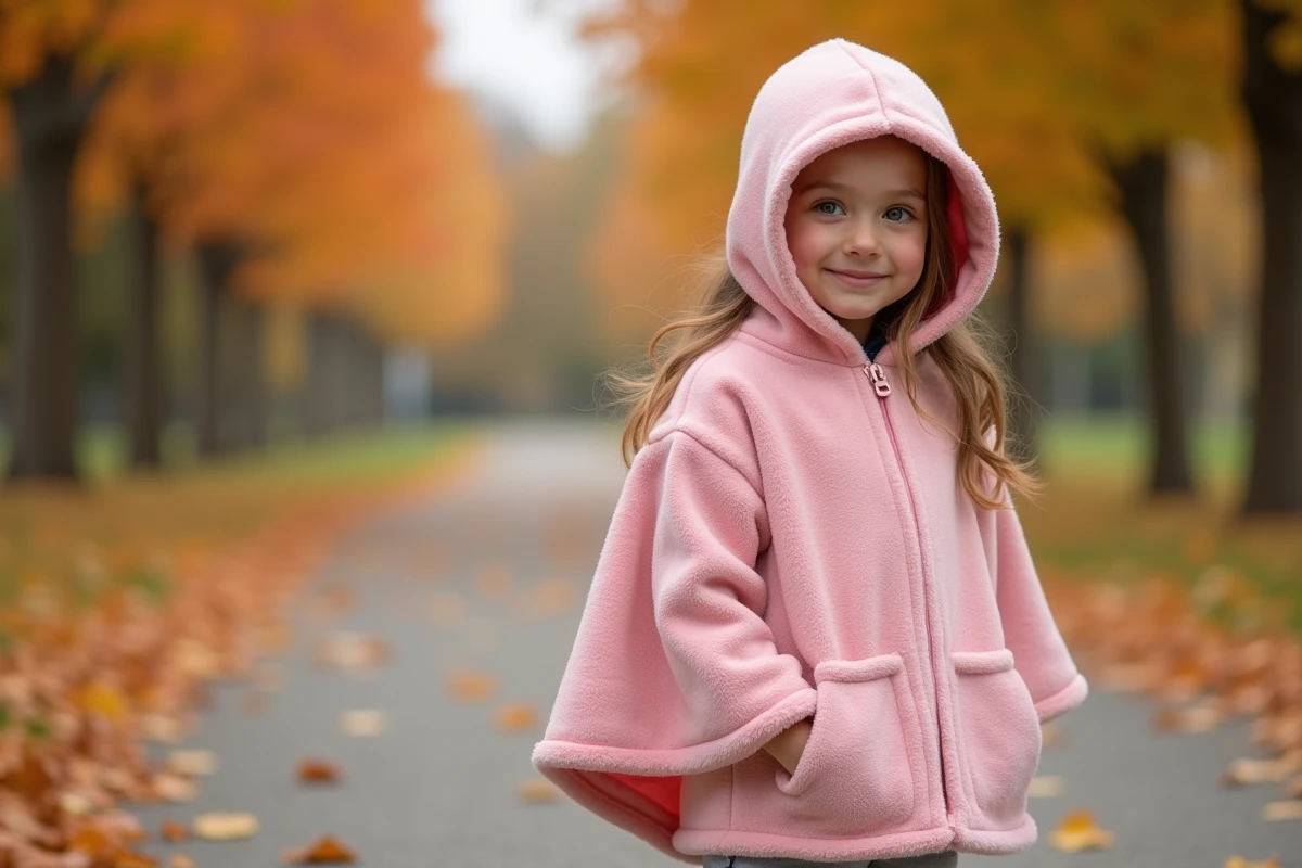 Petite fille portant un poncho polaire rose à capuche dans un parc automnal avec des feuilles colorées au sol