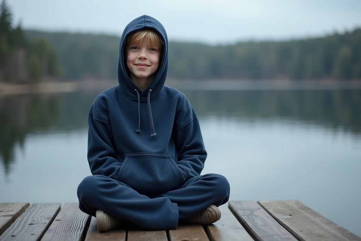 Garçon en poncho polaire bleu marine assis sur un ponton en bois au bord d'un lac calme entouré de forêt
